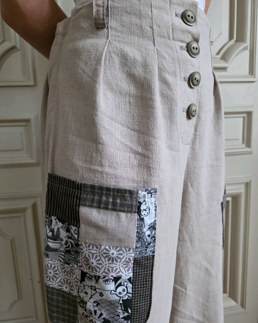 Profil du pantalon femme en lin – coupe structurée, détals de poche en patchwork 