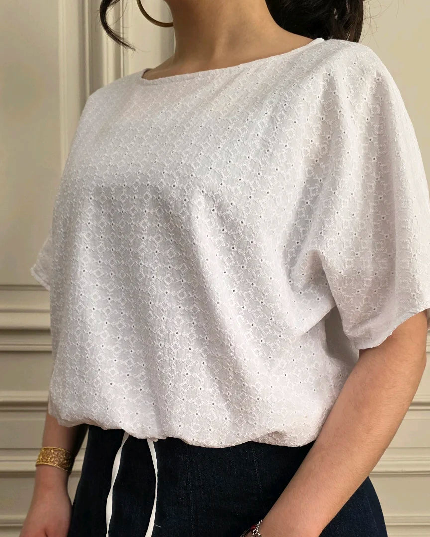 top ample femme coton broderie anglaise lien coulissant taille vue de profil