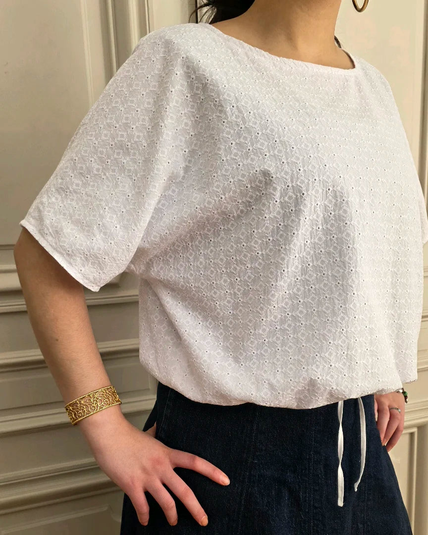 top ample femme coton broderie anglaise lien coulissant taille