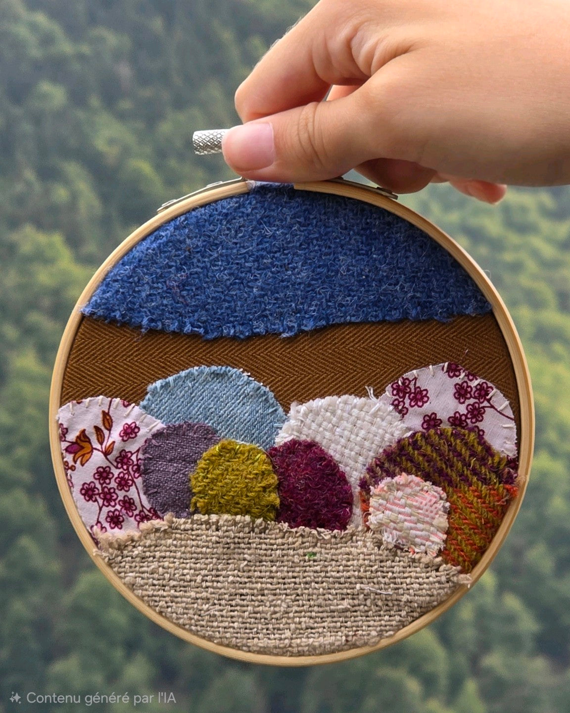 Échappée n°9, tableau textile en patchwork de Harris Tweed®, tweed Mahlia Kent, denim, lin et soie tenu devant un paysage