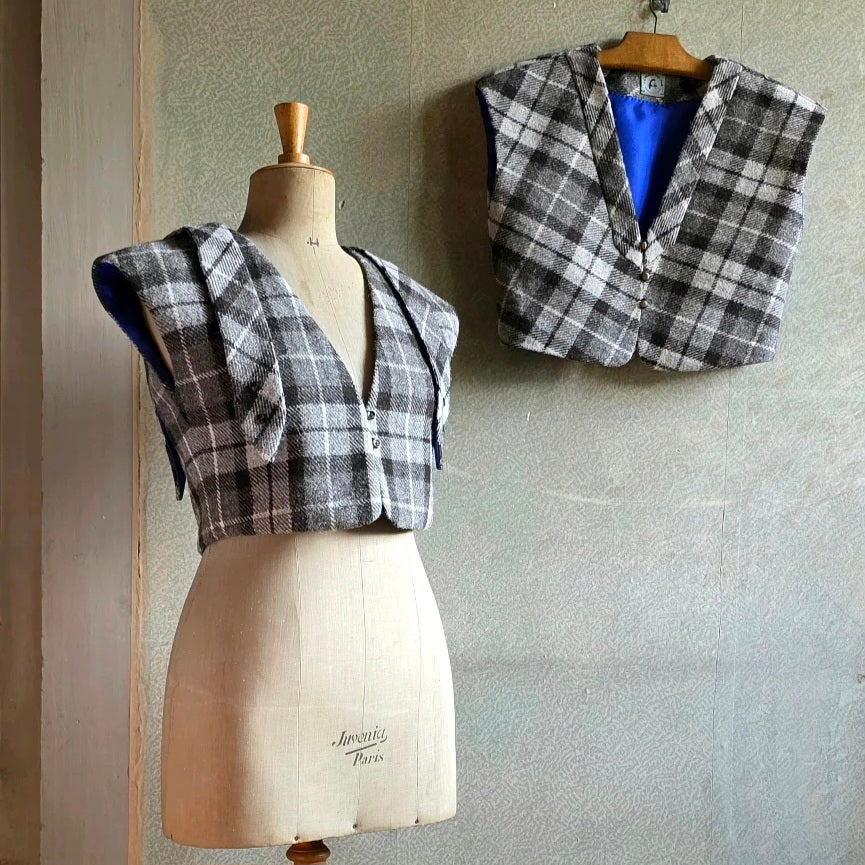 bolero femme harris tweed pris et irmgard tartan brun gris creme double soie bleue gots piece unique artisanale 