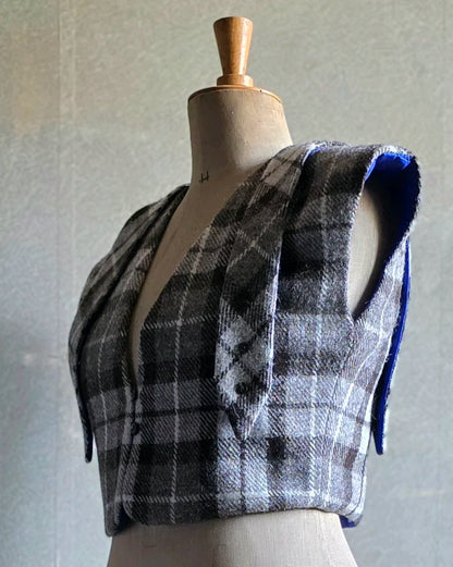 bolero pris harris tweed femme vue profil coupe courte structuree doublure soie bleue gots