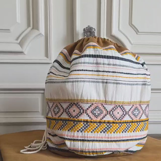 sac baluchon jacquard coton lin motif ethnique fait main cordon serrage doublure coton atelier a la mode du temps perdu