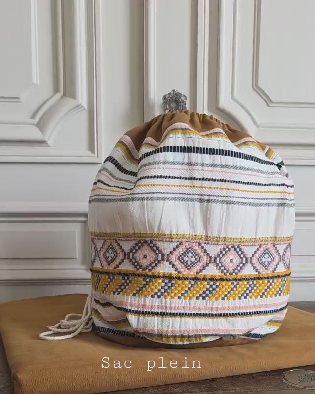 sac baluchon jacquard coton lin motif ethnique fait main cordon serrage doublure coton atelier a la mode du temps perdu