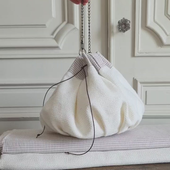 sac bourse tweed blanc grand modele fait main coton vichy ouverture interieur chaine metal