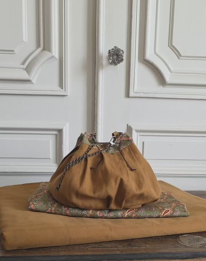 sac bourse coton lin paisley fait main chaine metal motif cachemire doublure imprimee demonstration contenance