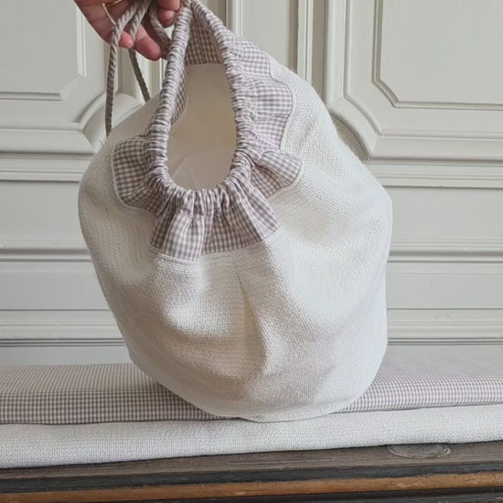 sac baluchon tweed blanc fait main coton texture cordon serrage style artisanal atelier francais