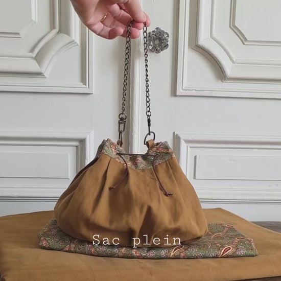 sac bourse coton lin paisley fait main chaine metal motif cachemire doublure imprimee  et demonstration volume  sac plein