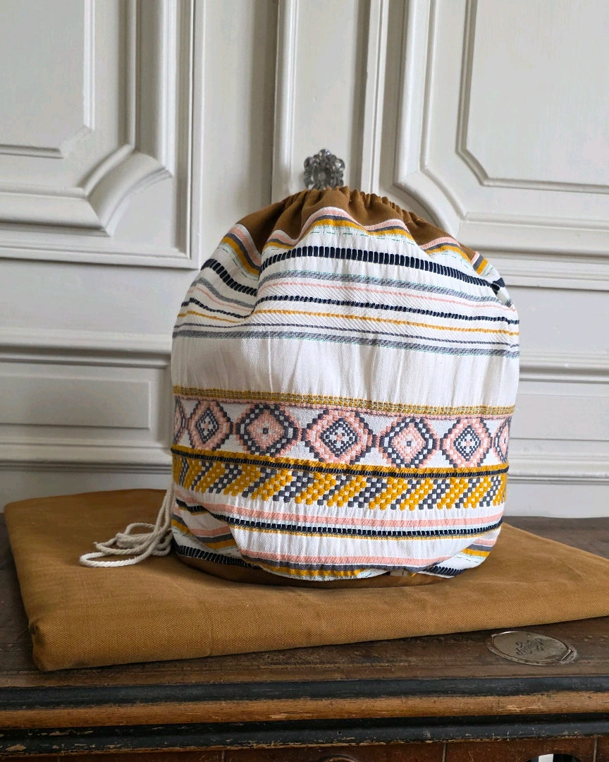 sac baluchon jacquard coton lin fait main atelier francais a la mode du temps perdu sac textile artisanal motif ethnique rayures sac tissu naturel forme souple sac boheme coton lin