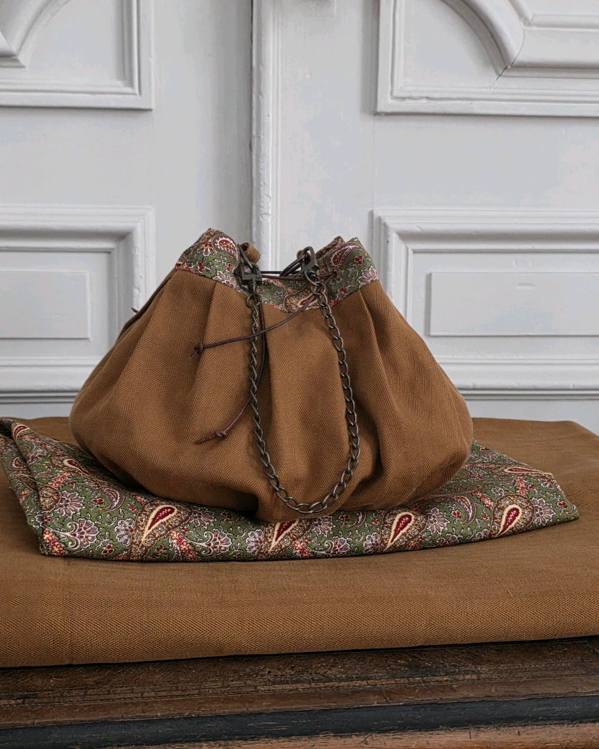 sac bourse coton lin paisley marron fait main atelier francais a la mode du temps perdu tissu jacquard motif cachemire chaine laiton vieilli fermeture coulissante sac artisanal textile naturel