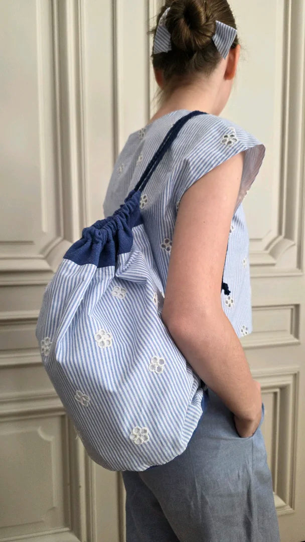 top Alizé top 5 porté de dos avec sac baluchon assorti en coton rayures bleu blanc, A la Mode du Temps Perdu